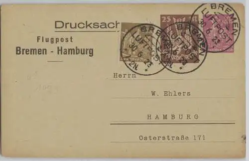 901485 DR Ganzsachen Drucksache PP73/A2/09 Flugpost Bremen Hamburg 1923