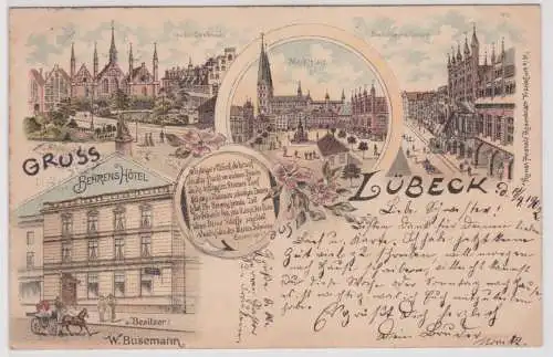50761 Ak Lithographie Gruß aus Lübeck Behrens Hotel usw. 1902