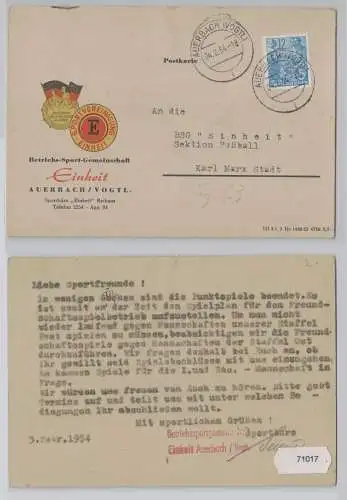 71017 Postkarte Betriebssport Gemeinschaft Einheit Auerbach im Vogtland 1954