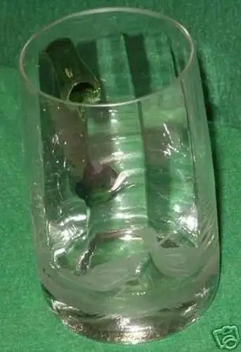 Glas mit Henkel graviert 2 Vögel Pfau Wiese, um 1900