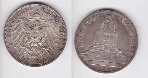 3 Mark Silber Münze Sachsen Völkerschlachtdenkmal Leipzig 1913 vz (136787)