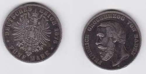 5 Mark Silbermünze Baden Großherzog Friedrich 1876Jäger 27  (133156)