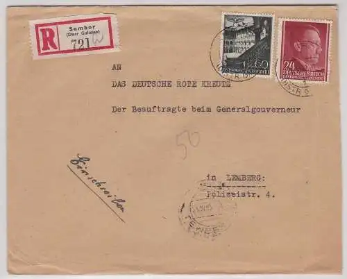 908035 R-Brief mit Briefmarken Generalgouvernement Sambor Distrikt Galizien 1942