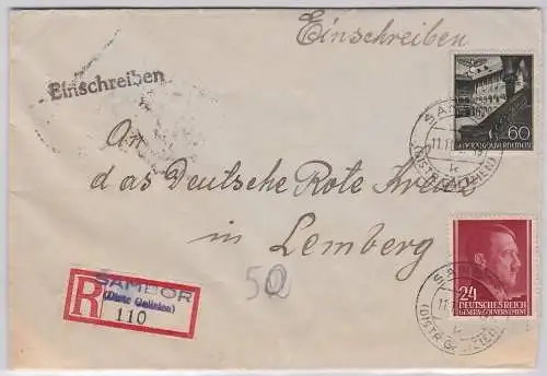 85996 R-Brief mit Briefmarken Generalgouvernement Sambor Distrikt Galizien 1942