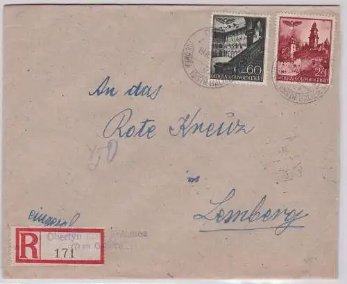 907814 R-Brief mit Briefmarken Generalgouvernement Obertyn Dist. Galizien 1942