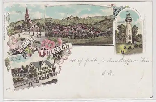 83832 Lithographie Ak Gruss aus Uhlbach - Kirche, Gasthaus z. Krone, Kernenthurm