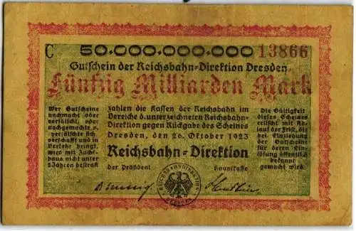 50 Milliarden Mark Banknote Reichsbahn Direktion Dresden 26.10.1923 (123611)