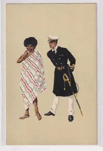 91025 Humor Ak Marine Offizier bändelt mit Eingeborener an um 1910