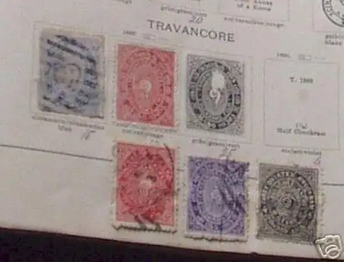 5 seltene Briefmarken Travancore Indien vor 1900
