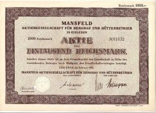 Alte Aktie Mansfeld AG für Bergau und Hüttenbetrieb Eisleben 1000 Mark 1937