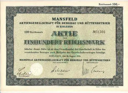 Alte Aktie Mansfeld AG für Bergau und Hüttenbetrieb Eisleben 100 Mark 1933