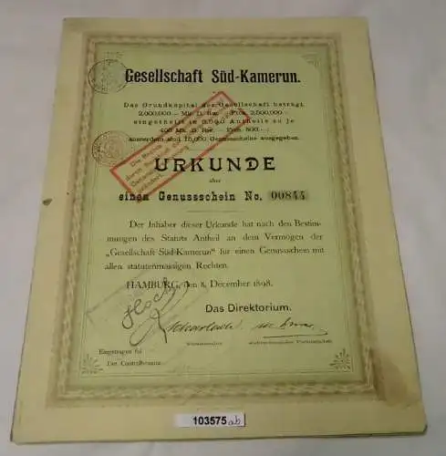 Aktie mit Genussschein Gesellschaft Süd-Kamerun Hamburg 1898