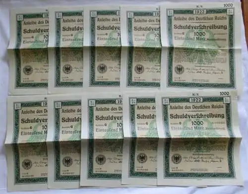 10x 1000 Mark Aktie Schuldverschreibung deutsches Reich Berlin 1922 (127147)