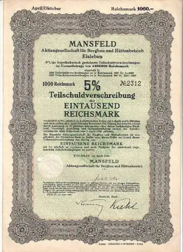 Alte Aktie Mansfeld AG für Bergau und Hüttenbetrieb Eisleben 1000 Mark 1939