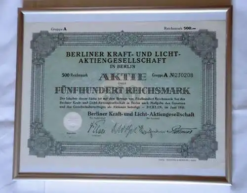 Glasrahmen mit 500 Reichsmark Aktie der Berliner Kraft und Licht AG von 1931