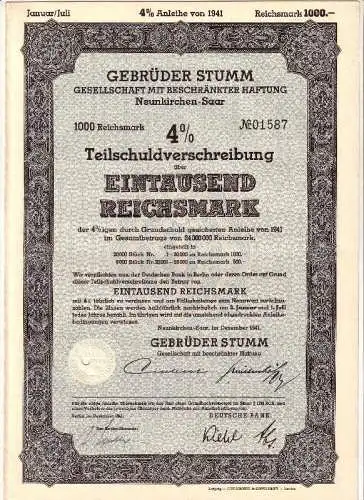 Alte Aktie Gebrüder Stumm GmbH Neunkirchen Saar über 1000 Reichsmark 1941