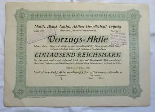 1.000 RM Aktie Moritz Blank Nachf. AG Leipzig 19.02.1925 (147043)