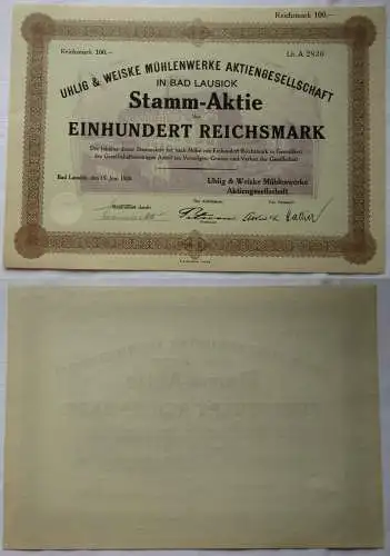 100 Mark Aktie Uhlig & Weiske Mühlenwerke AG Bad Lausick 15.Juni 1928 (130580)