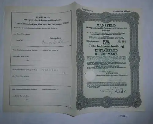 1000 RM Schuldverschreibung Mansfeld AG für Bergbau & Hüttenbetrieb 1939 /127223