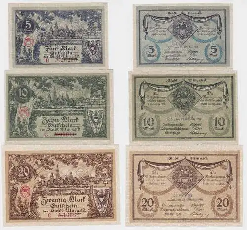 5, 10 und 20 Mark Banknoten Notgeld Stadt Ulm 1918 (120716)