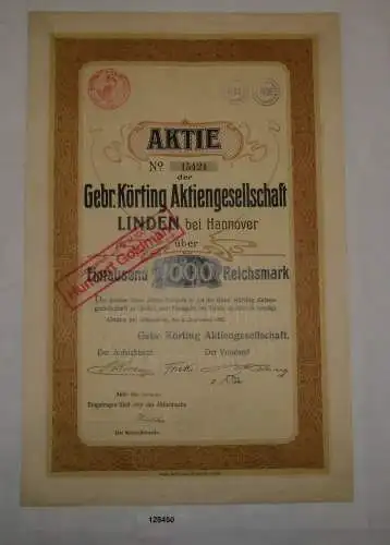 1000 RM Aktie Gebr. Körting AG Linden bei Hannover 21.September 1903 (128450)