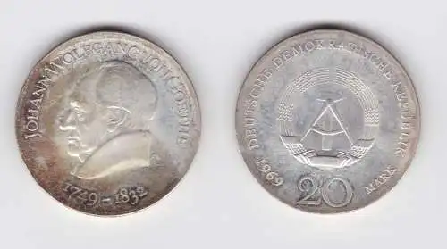 DDR Gedenk Münze 20 Mark Johann Wolfgang von Goethe 1969 Silber (136586)