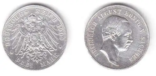 3 Mark Silbermünze Sachsen König Friedrich August 1909 Jäger 135 (111529)