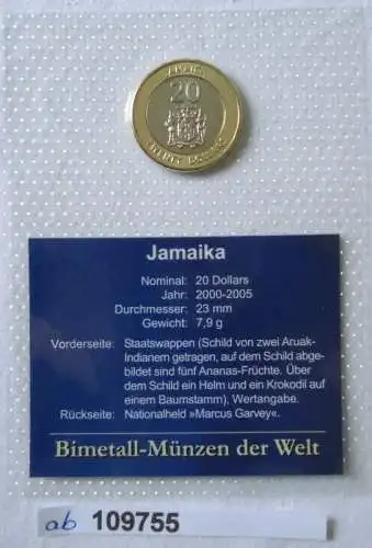 Bi-Metall Münze 20 Dollars Jamaika 2000 in TOP Erhaltung im Blister