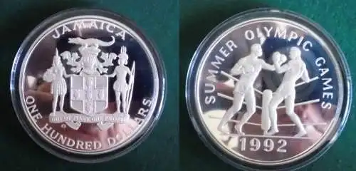 100 Dollar Silber Münze Jamaica Olympische Spiele Barcelona 1992 (120646)