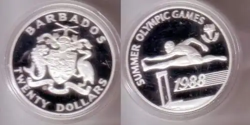 20 Dollar Silber Münze Barbados Sommer Olympiade Seoul 1988, Hürdenläufer