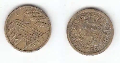 10 Rentenpfennig Messing Münze Deutsches Reich 1923 D, Jäger 309 (112282)