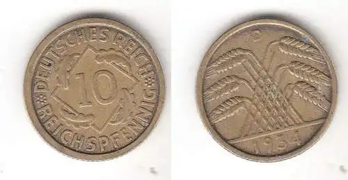 10 Reichspfennig Messing Münze Deutsches Reich 1934 D, Jäger 317 (112429)