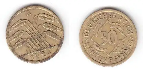 50 Rentenpfennig Messing Münze Deutsches Reich 1924 A, Jäger 310 (113008)