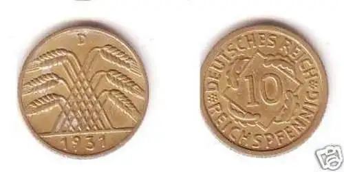 10 Pfennig Messingmünze Deutsches Reich 1931D Jäger 317