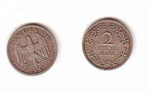 2 Mark Silber Münze Weimarer Republik 1931 D