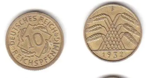 10 Reichspfennig Messing Münze Deutsches Reich 1932 F, Jäger 317 (112760)