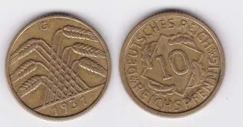 10 Reichspfennig Messing Münze Deutsches Reich 1931 G, Jäger 317 (126698)