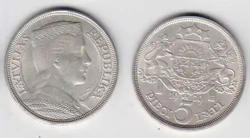 5 Lati Silbermünze Lettland 1929