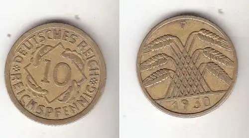 10 Reichspfennig Messing Münze Deutsches Reich 1930 F, Jäger 317 (112283)