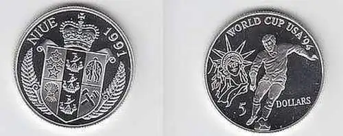 5 Dollar Silber Münze Niue 1991 Fussball WM in PP