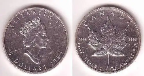 5 Dollar Silber Münze Kanada 1993 Maple Leaf