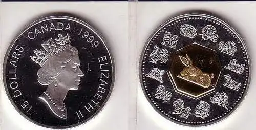 15 Dollar Silbermünze Kanada 1999 Jahr des Hasen