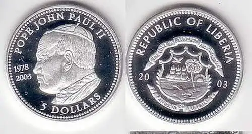 5 Dollar Silber Münze Liberia Pabst Johannes Paul II, 2003