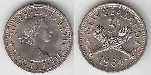 3 Pence Nickel Münze Neuseeland 1964