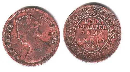 One Quarter Anna Kupfer Münze Indien 1889