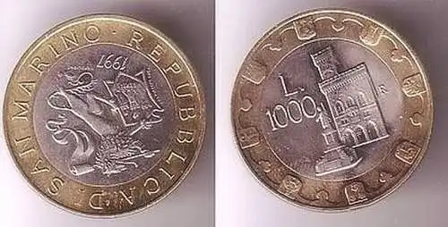 1000 Lire Bi Metall Münze San Marino 1997