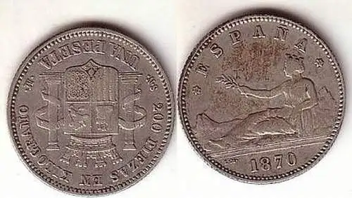 1 Pesetas Silber Münze Spanien 1870