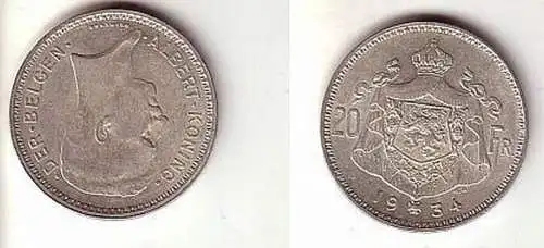 20 Franc Silber Münze Belgien 1934