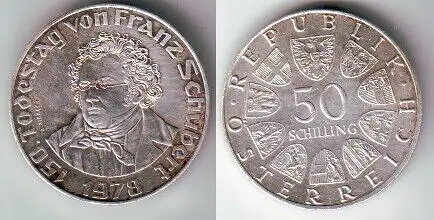 50 Schilling Silber Münze Österreich 150. Todestag von Franz Schubert 1978 (1121