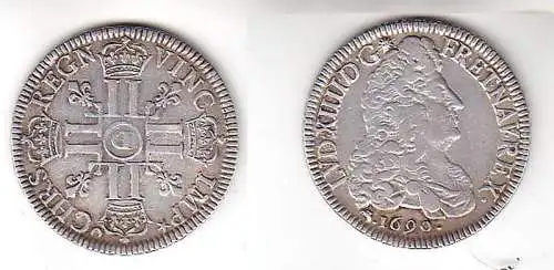 1 ECU Silber Münze Frankreich Ludwig XIIII 1690 D Lyon (115081)